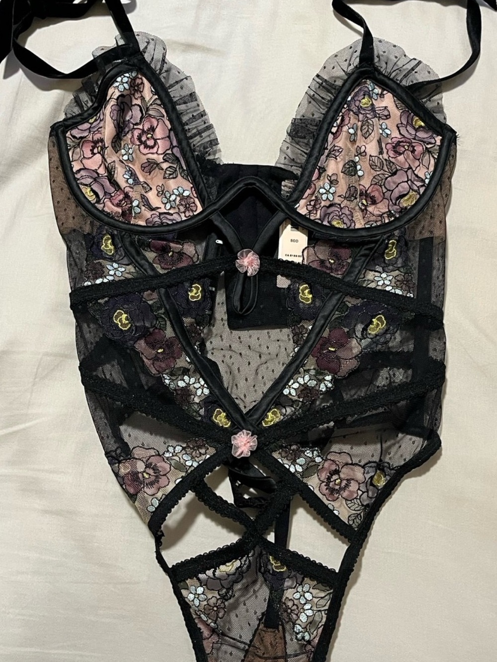 Victoria's Secret Black Sheer Floral Lace Bodysuit with Pink Accents